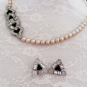 Vintage Art Deco Revival faux champagne pearl & rhinestone necklace & earrings